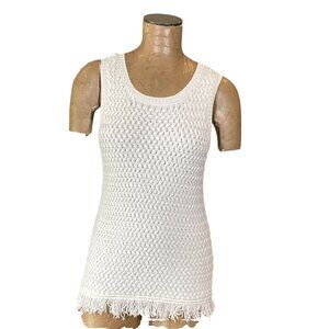 Max Studio White Basketweave Knit Fringed  Hem Sleeveless Top Sz S #19096